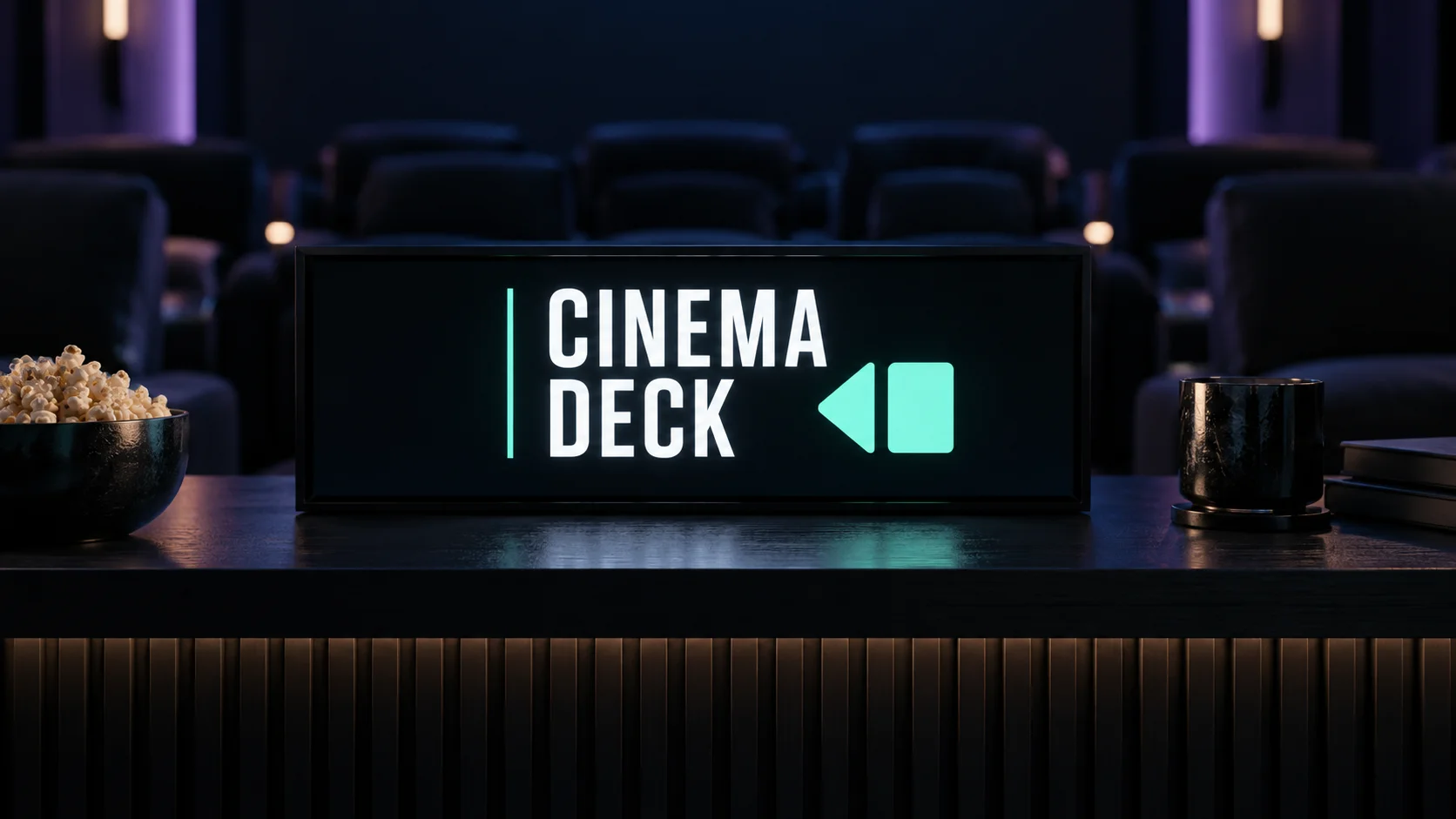 Cinema Deck illuminated white-and-mint sign in a midnight-blue screening room